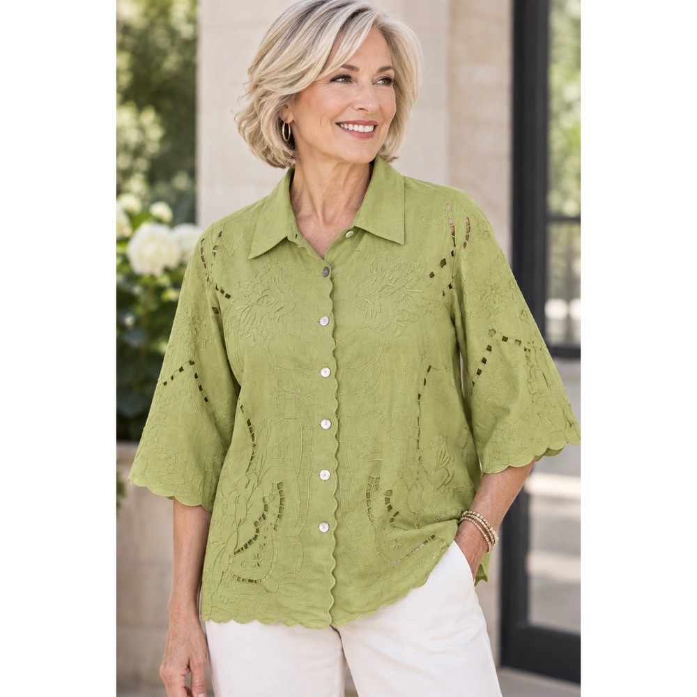 Susan Graver Green Embroidered Eyelet Linen Blend Shirt 2X Scalloped Boho Top